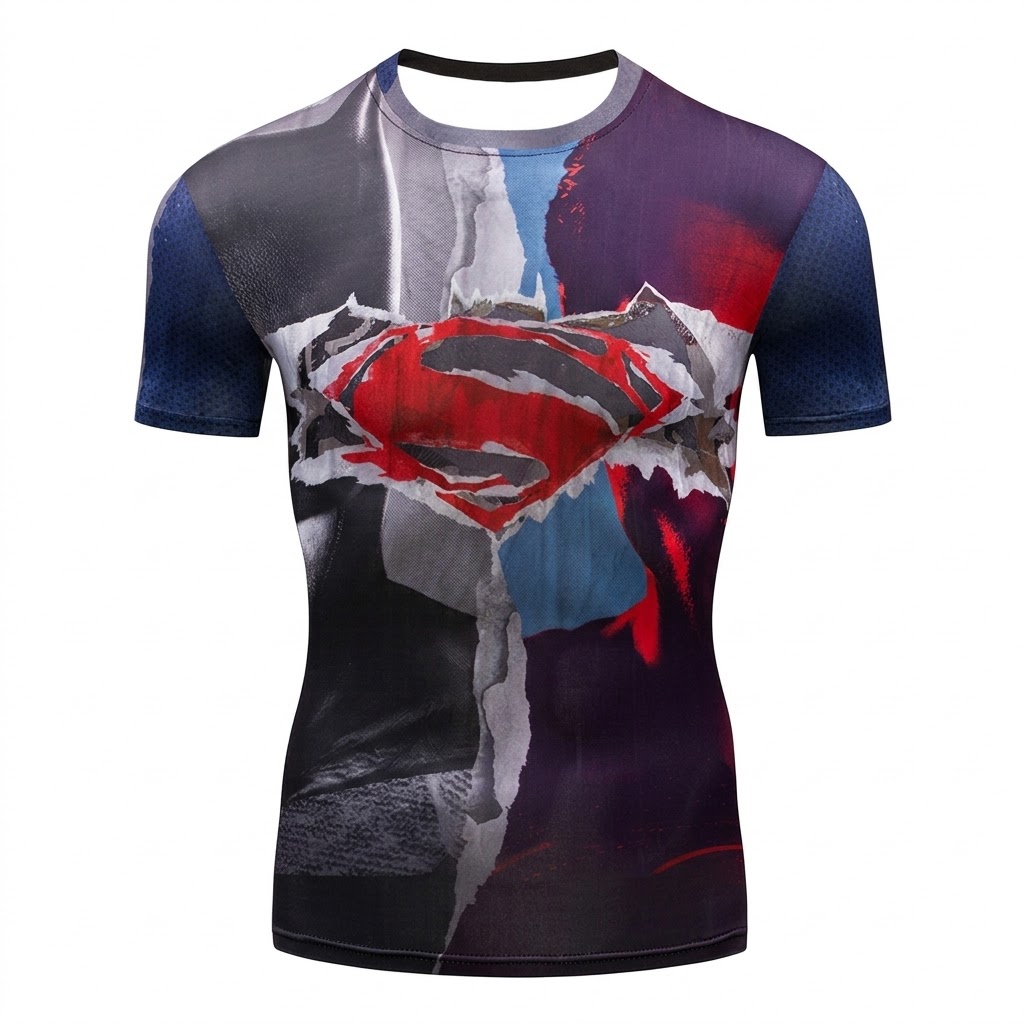 Batman Vs Superman Art Blue Red Short Sleeve Compression Shirt