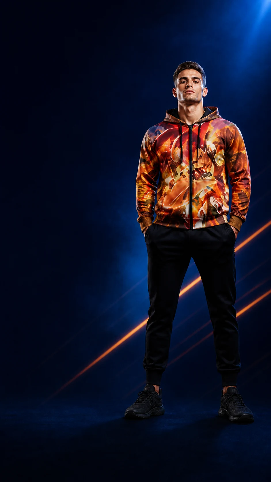 Model wearing a store anime graphic hoodie