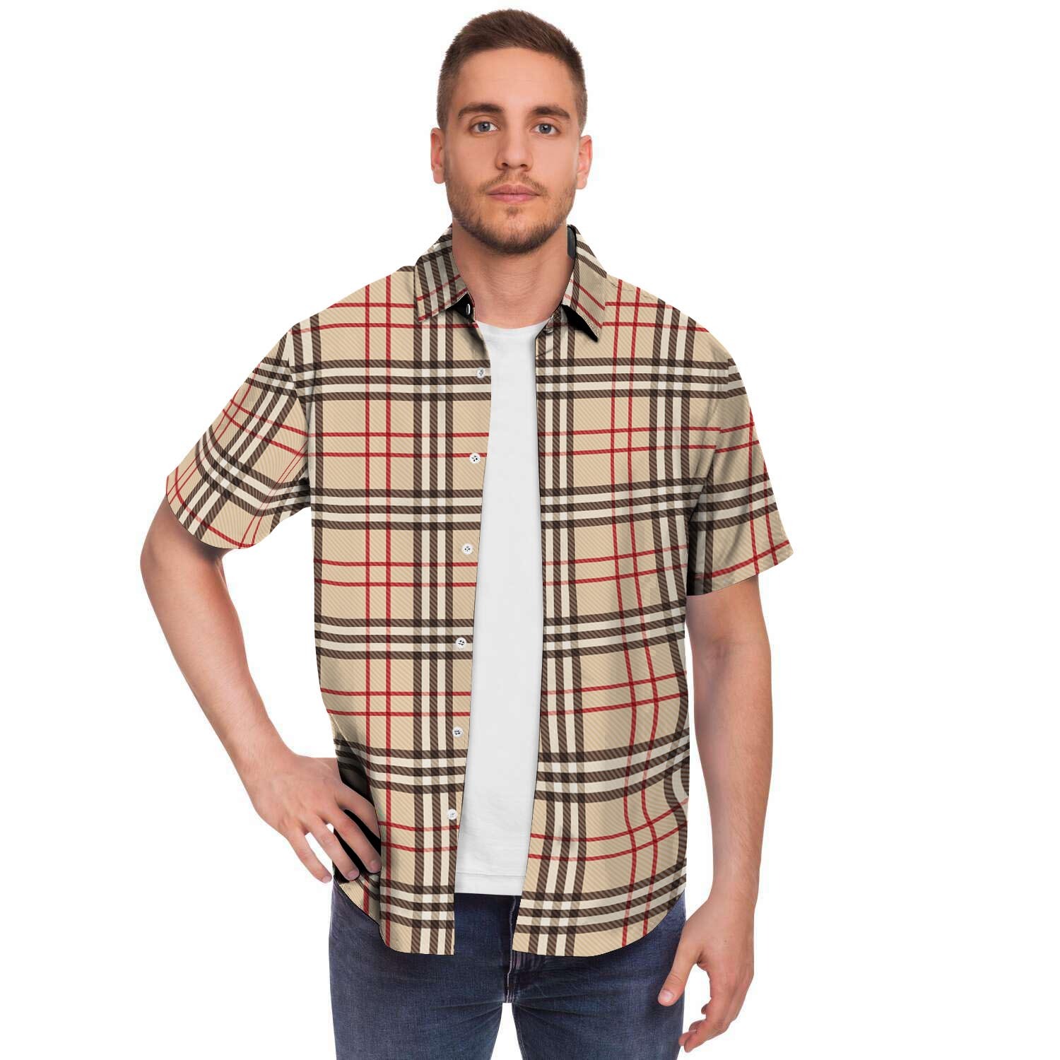 Beige Plaid Tartan Men Print Short Sleeve Button-Up Shirts