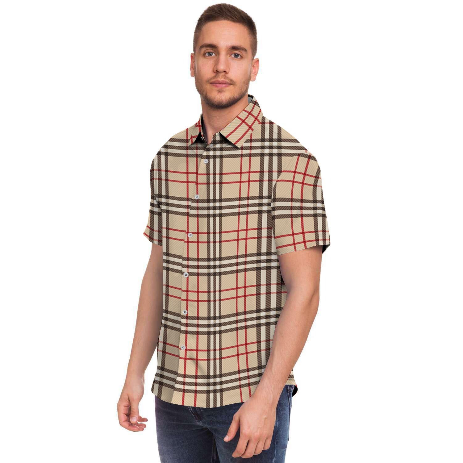 Beige Plaid Tartan Men Print Short Sleeve Button-Up Shirts