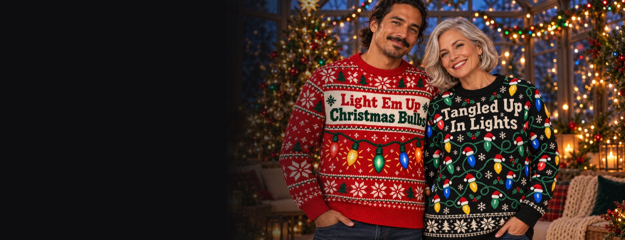 A man in the Light Em Up Christmas Bulbs sweater and a woman in the Tangled Up In Lights sweater