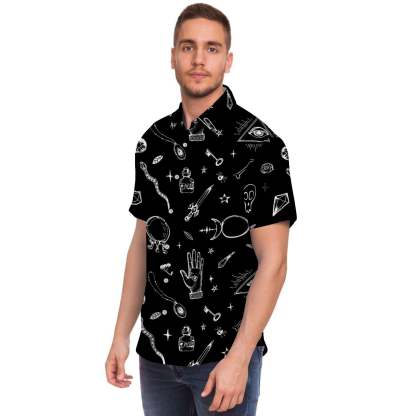 Black Gothic Witch Men Print Short Sleeve Button-Up Shirts