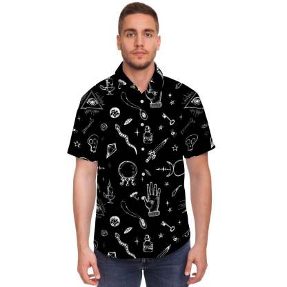 Black Gothic Witch Men Print Short Sleeve Button-Up Shirts