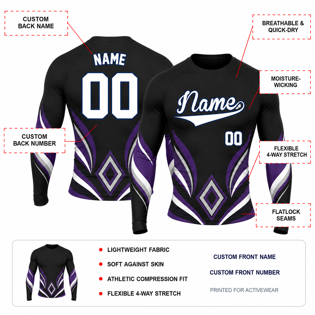 Diamond Armor Black Customizable Long Sleeve Compression Shirt