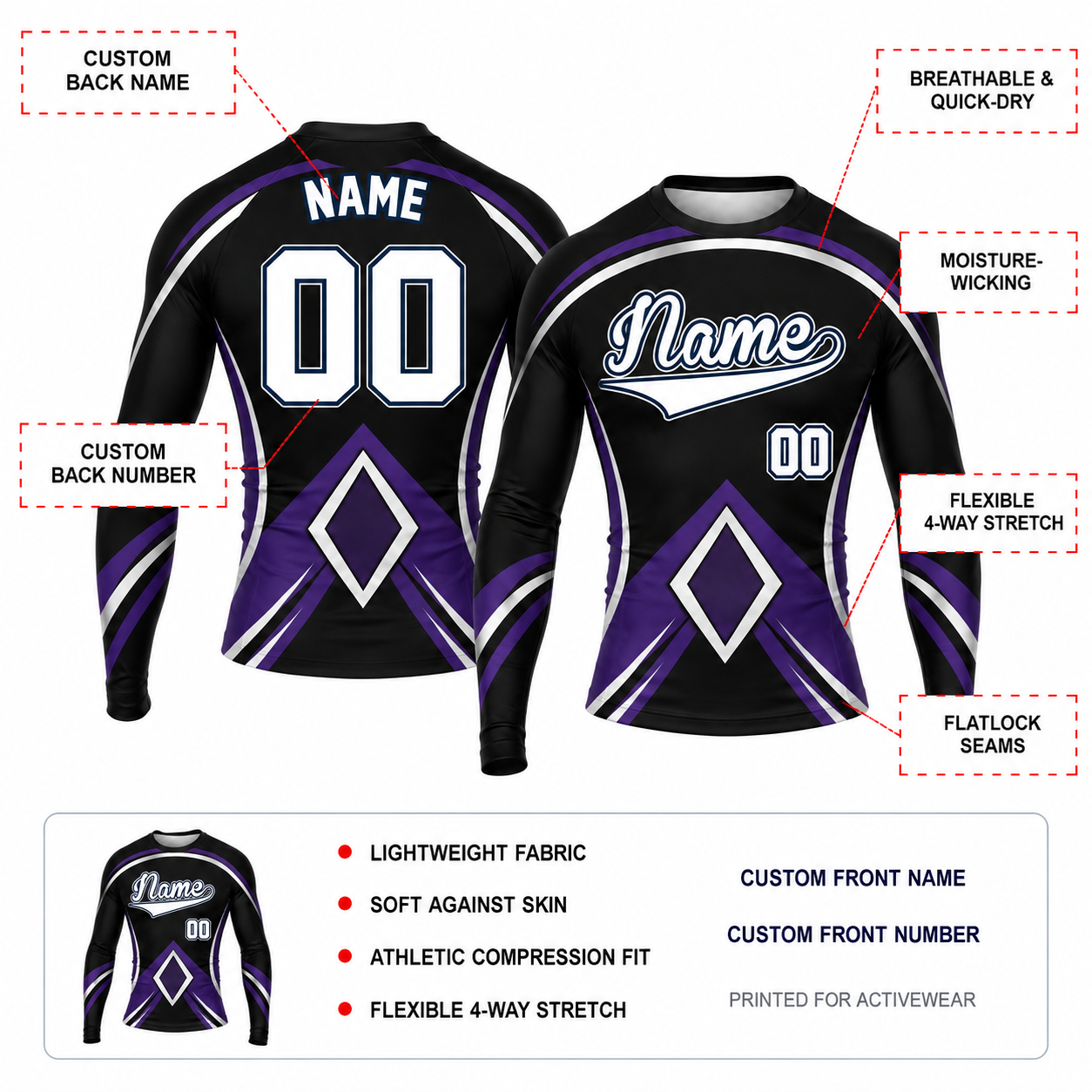 Double Diamond Armor Black Customizable Long Sleeve Compression Shirt