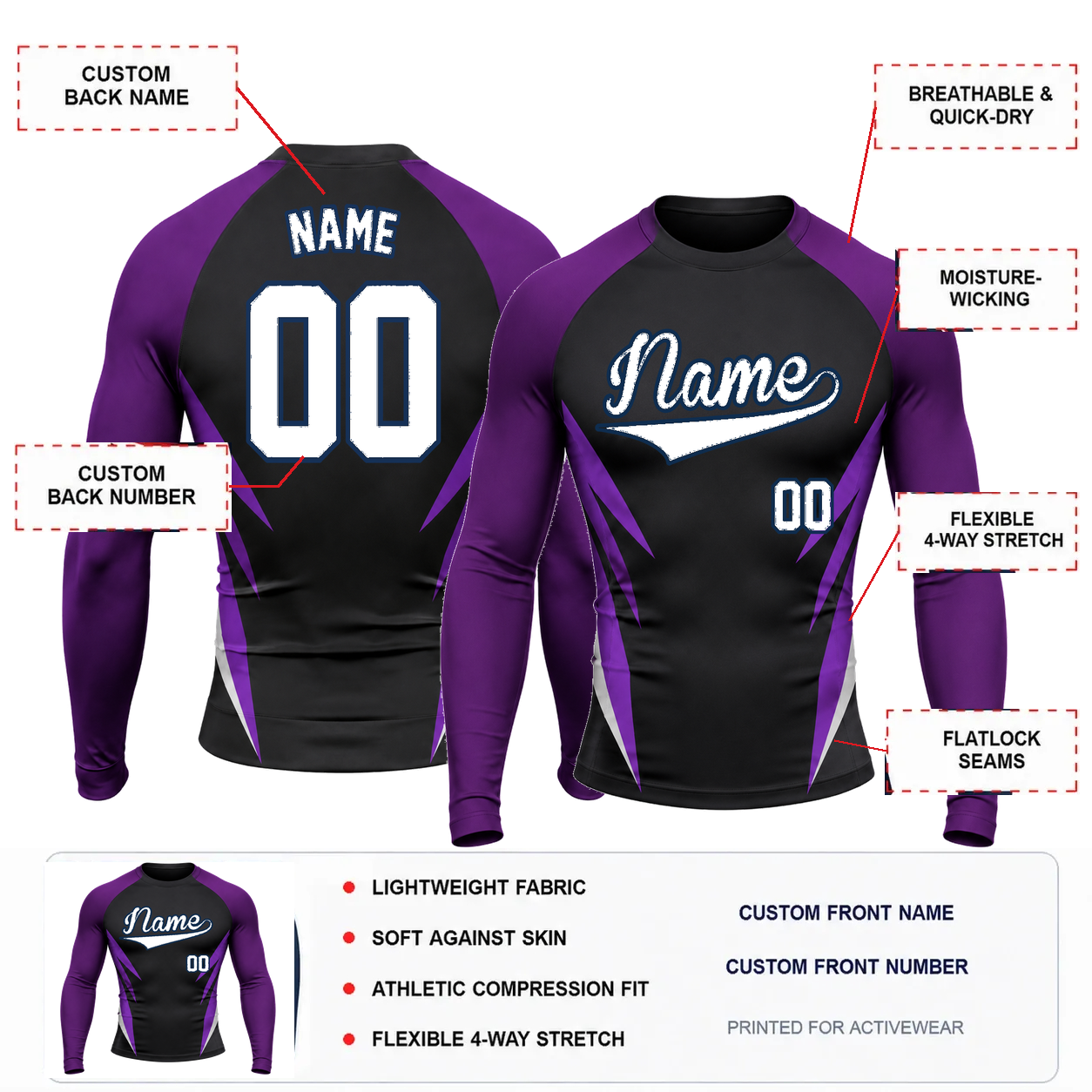 Tapered Spear Stripes Black Customizable Long Sleeve Compression Shirt