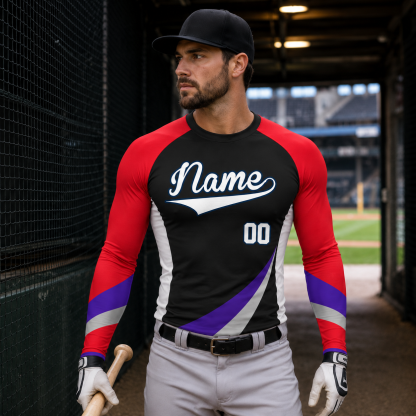 Diagonal Sash Black Primary Red Accent Customizable Long Sleeve Compression Shirt