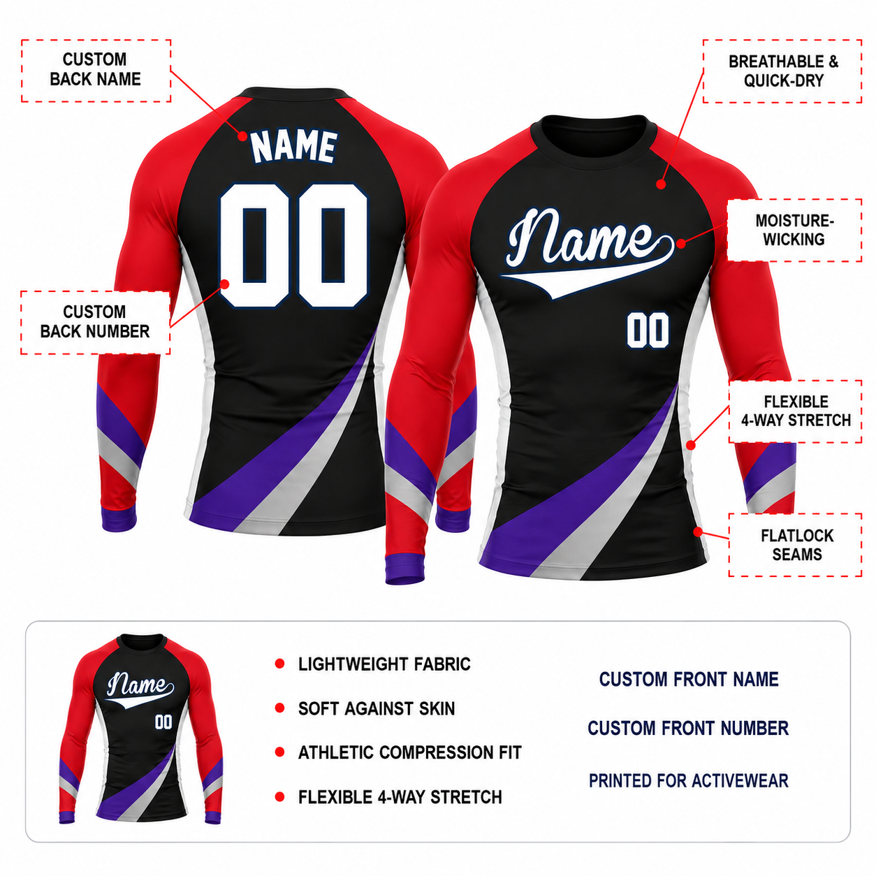Diagonal Sash Black Primary Red Accent Customizable Long Sleeve Compression Shirt