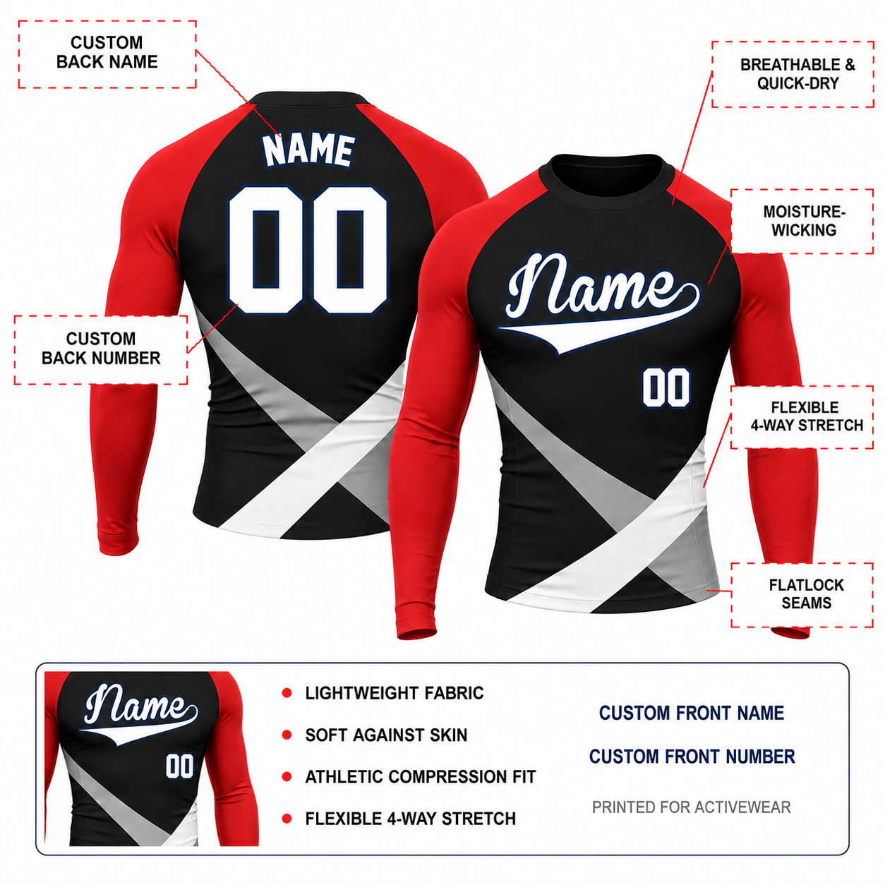 Crossed Waist Bands Black Customizable Long Sleeve Compression Shirt