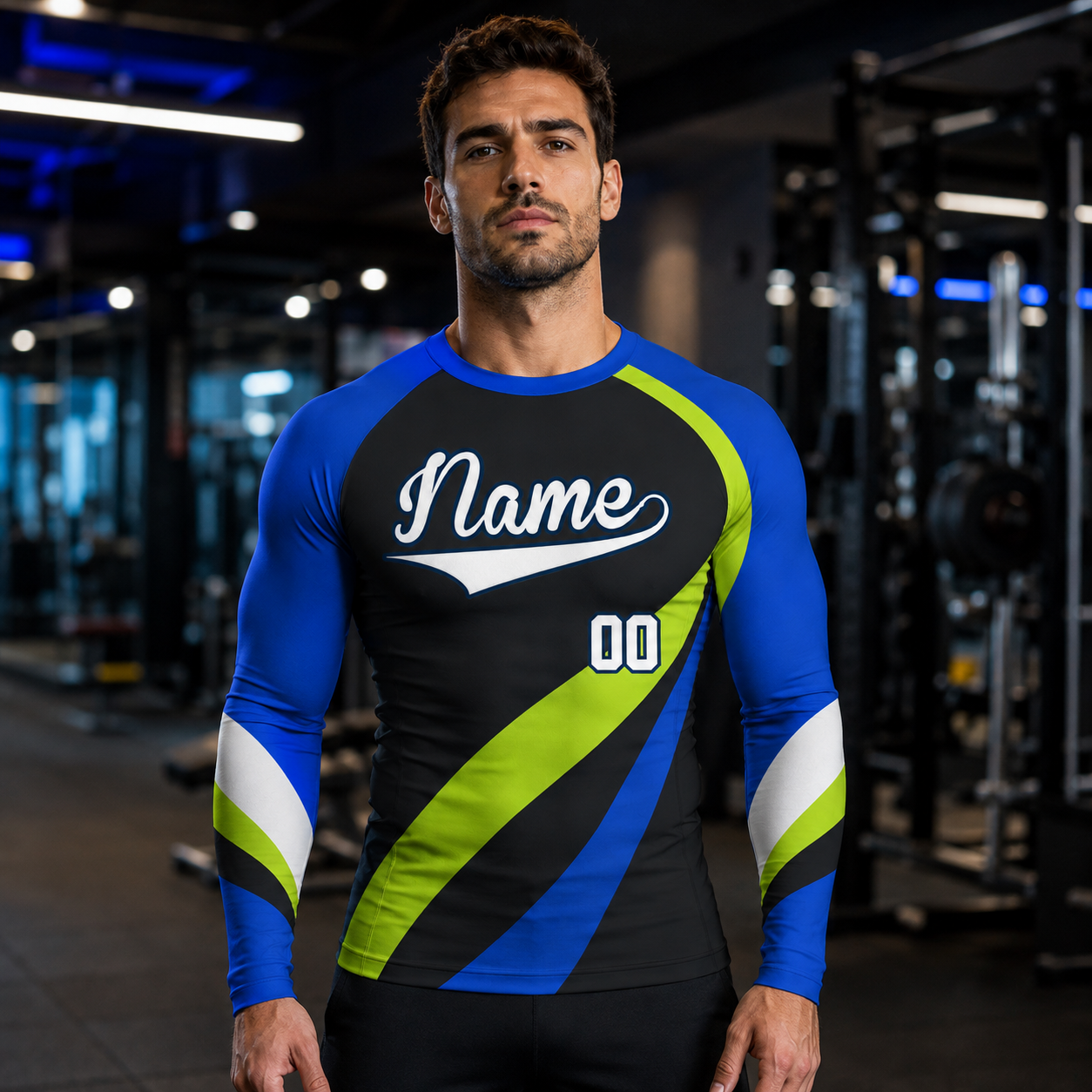Curved Stripe Black Customizable Long Sleeve Compression Shirt