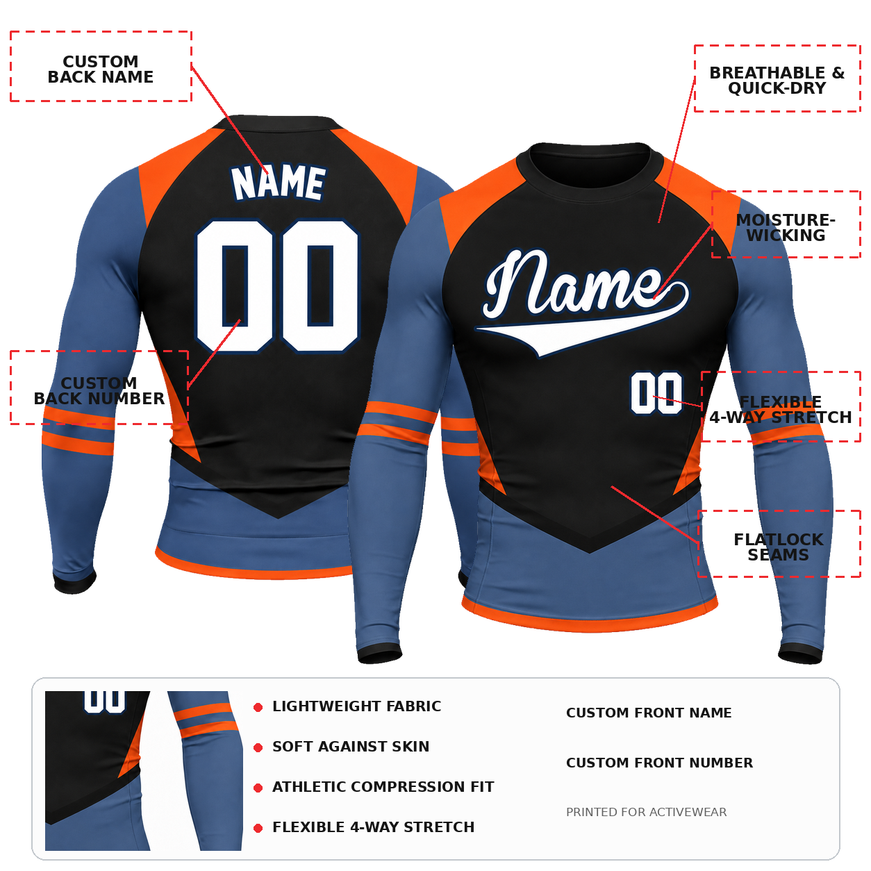 Shoulder Chevron Black Customizable Long Sleeve Compression Shirt