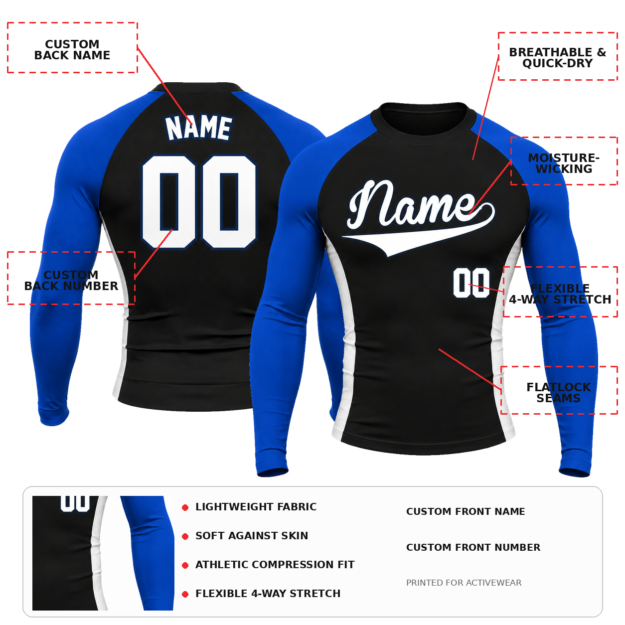 Shoulder Block Black Customizable Long Sleeve Compression Shirt