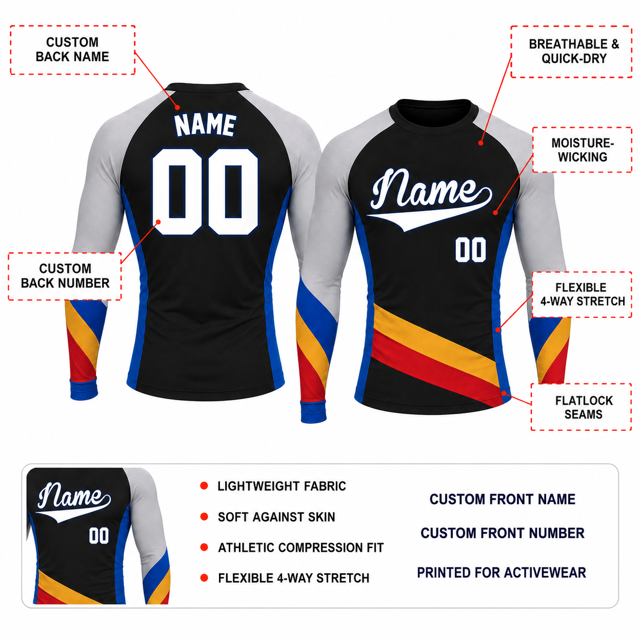 Diagonal Sash Black Primary Gray Accent Customizable Long Sleeve Compression Shirt