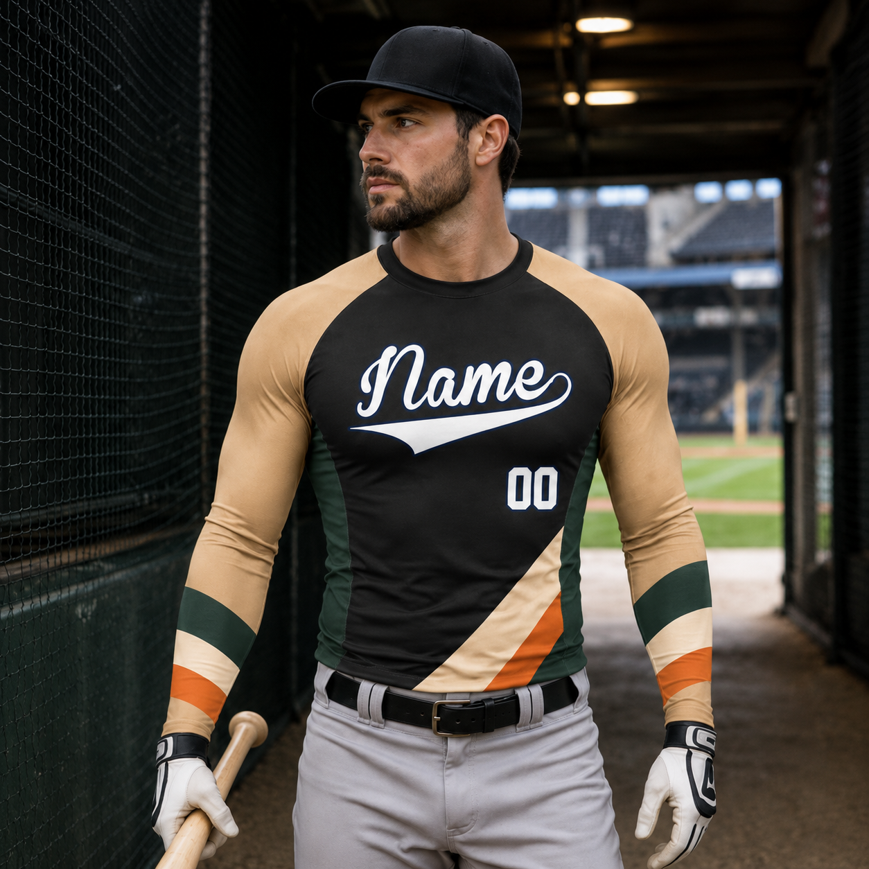 Diagonal Side Panel Black Customizable Long Sleeve Compression Shirt