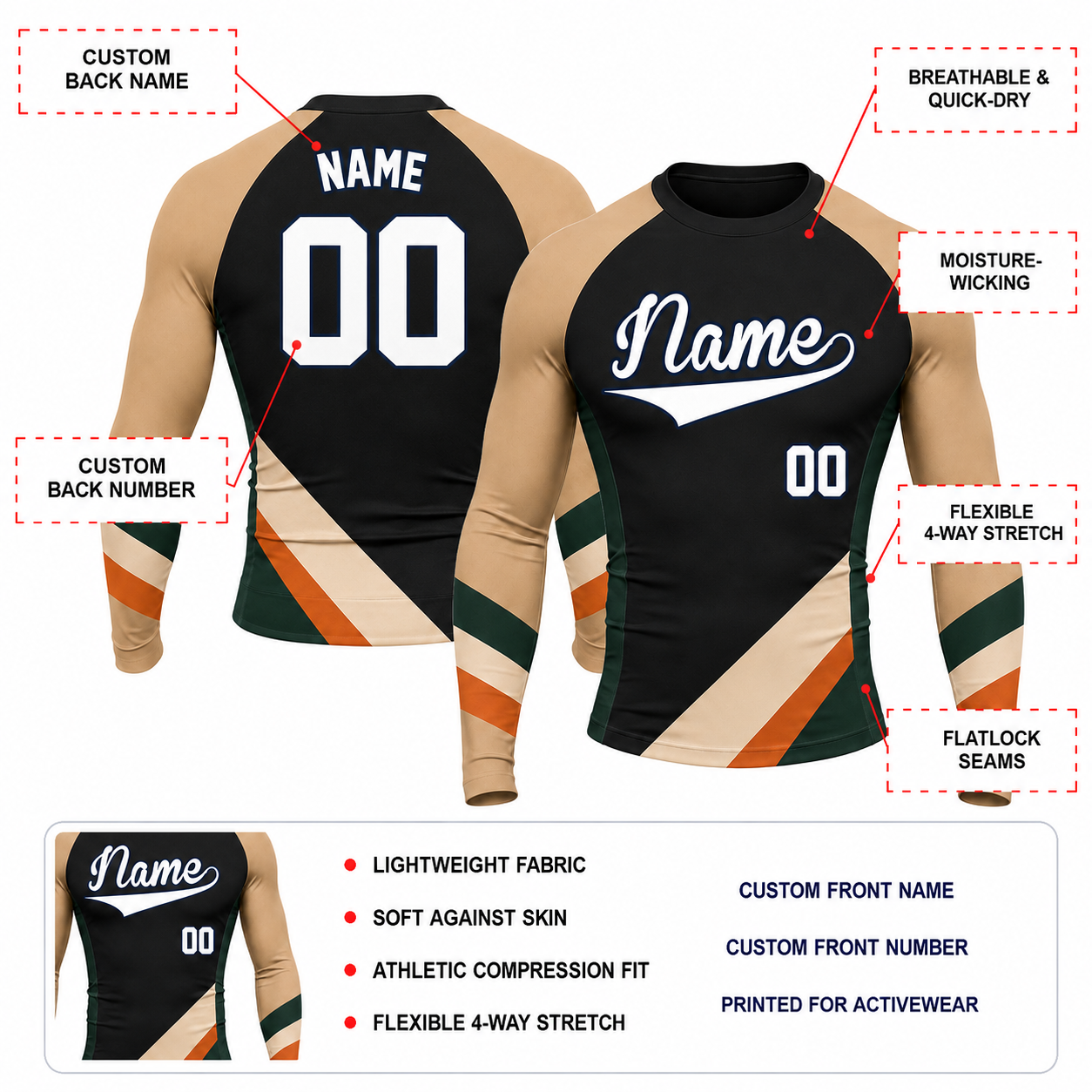 Diagonal Side Panel Black Customizable Long Sleeve Compression Shirt