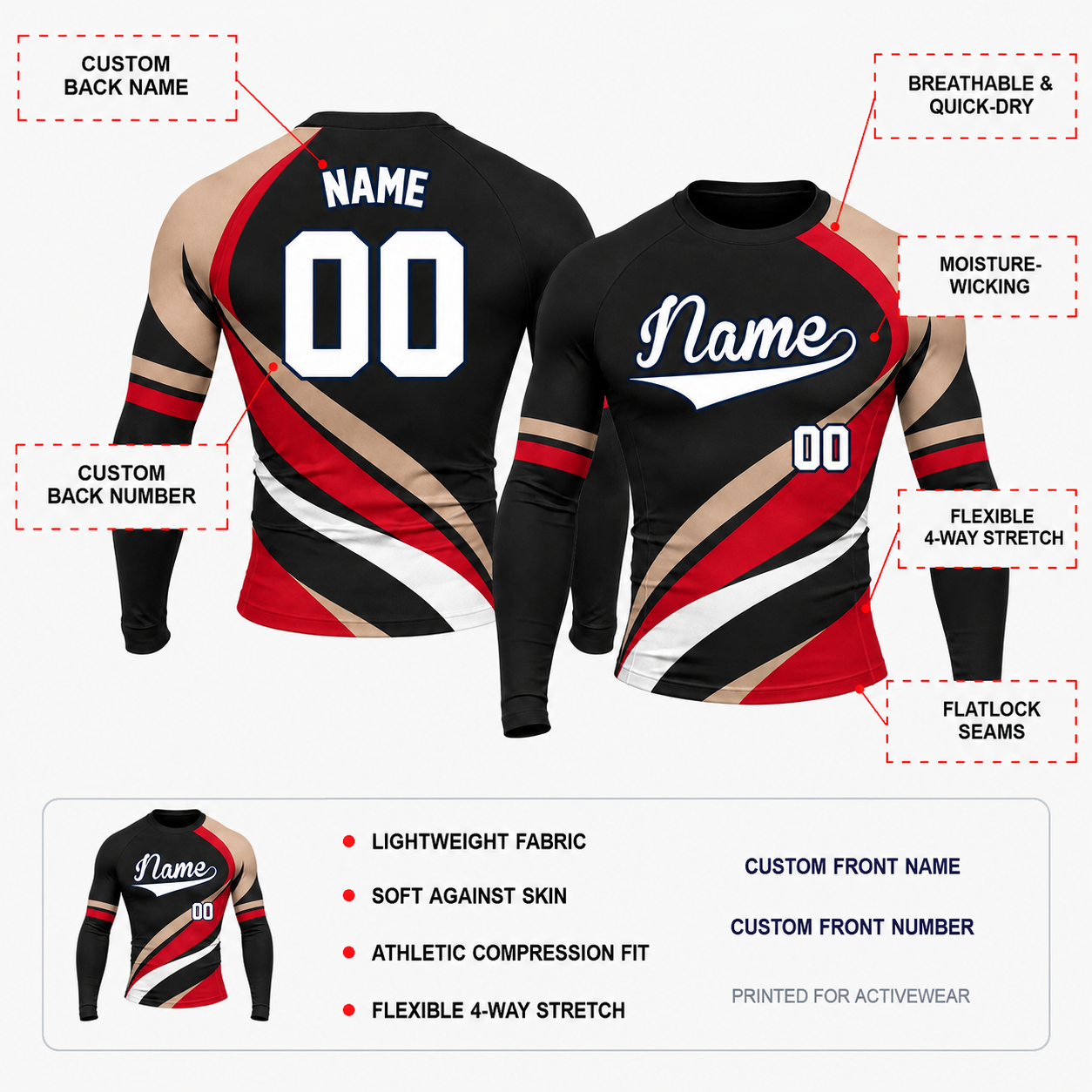 Diagonal Stripe Black Customizable Long Sleeve Compression Shirt