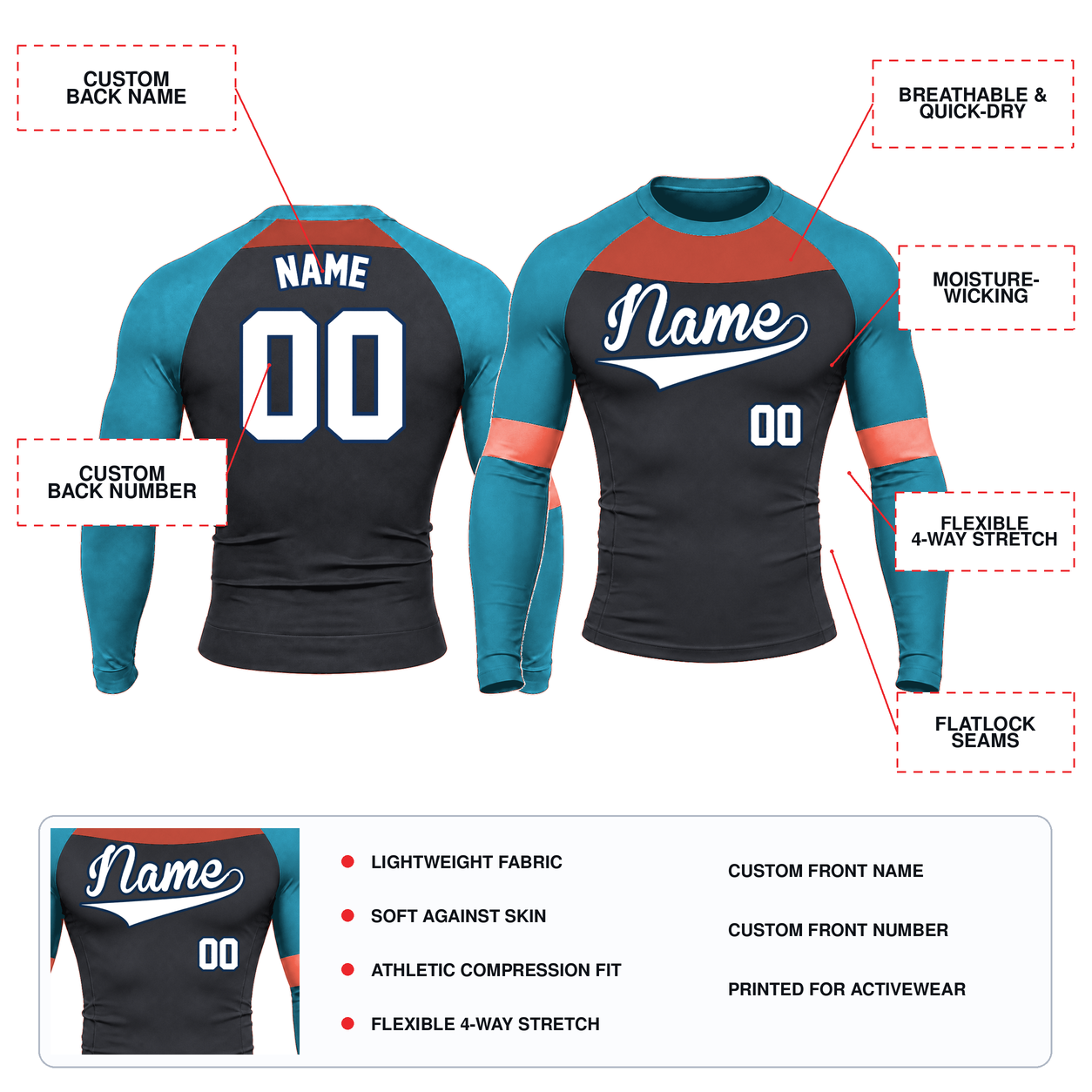 Shoulder Chevron Charcoal Customizable Long Sleeve Compression Shirt