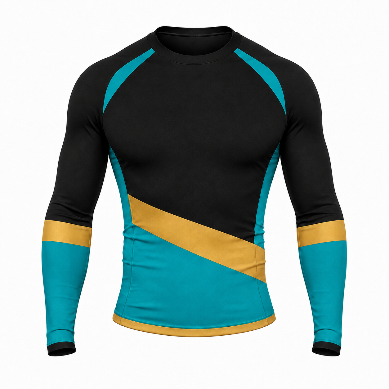 Diagonal Sash Black Primary Cyan Accent Customizable Long Sleeve Compression Shirt