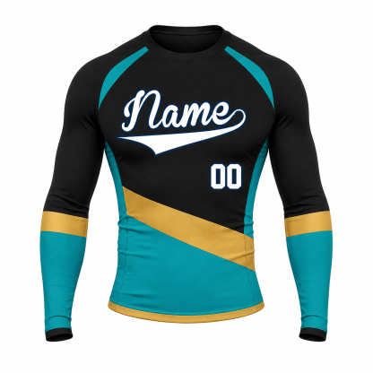 Diagonal Sash Black Primary Cyan Accent Customizable Long Sleeve Compression Shirt