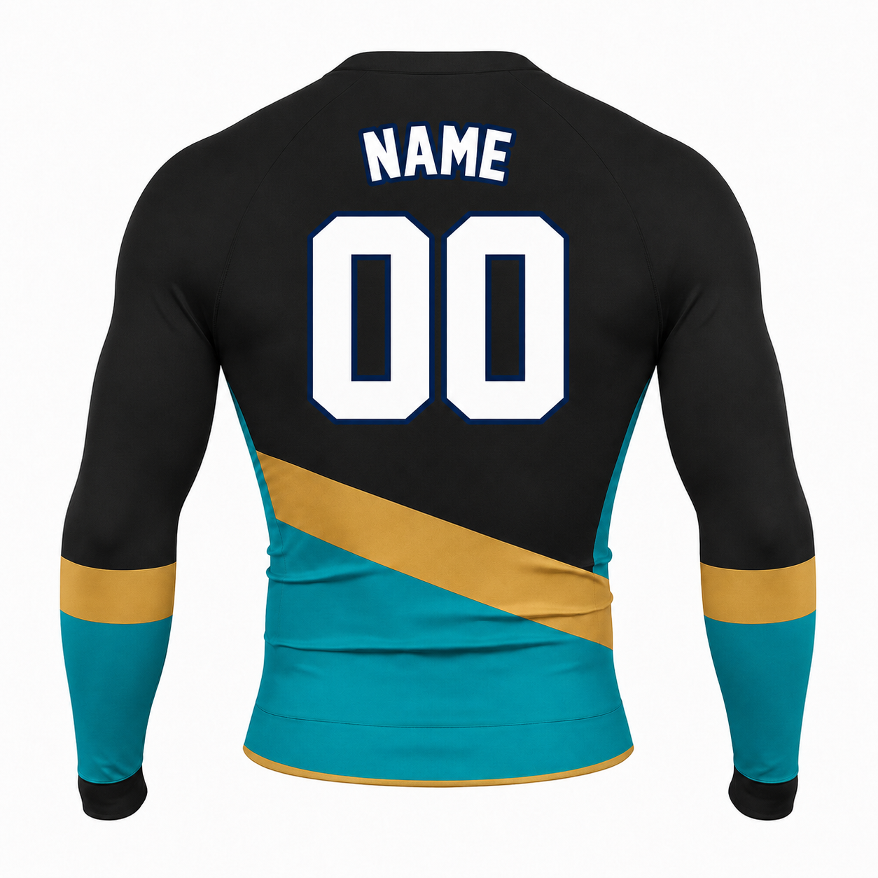 Diagonal Sash Black Primary Cyan Accent Customizable Long Sleeve Compression Shirt