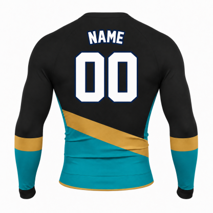 Diagonal Sash Black Primary Cyan Accent Customizable Long Sleeve Compression Shirt