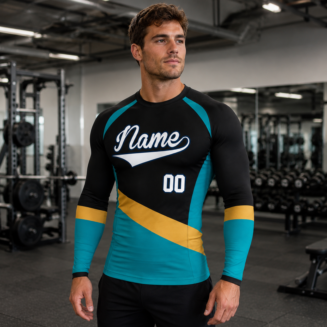 Diagonal Sash Black Primary Cyan Accent Customizable Long Sleeve Compression Shirt