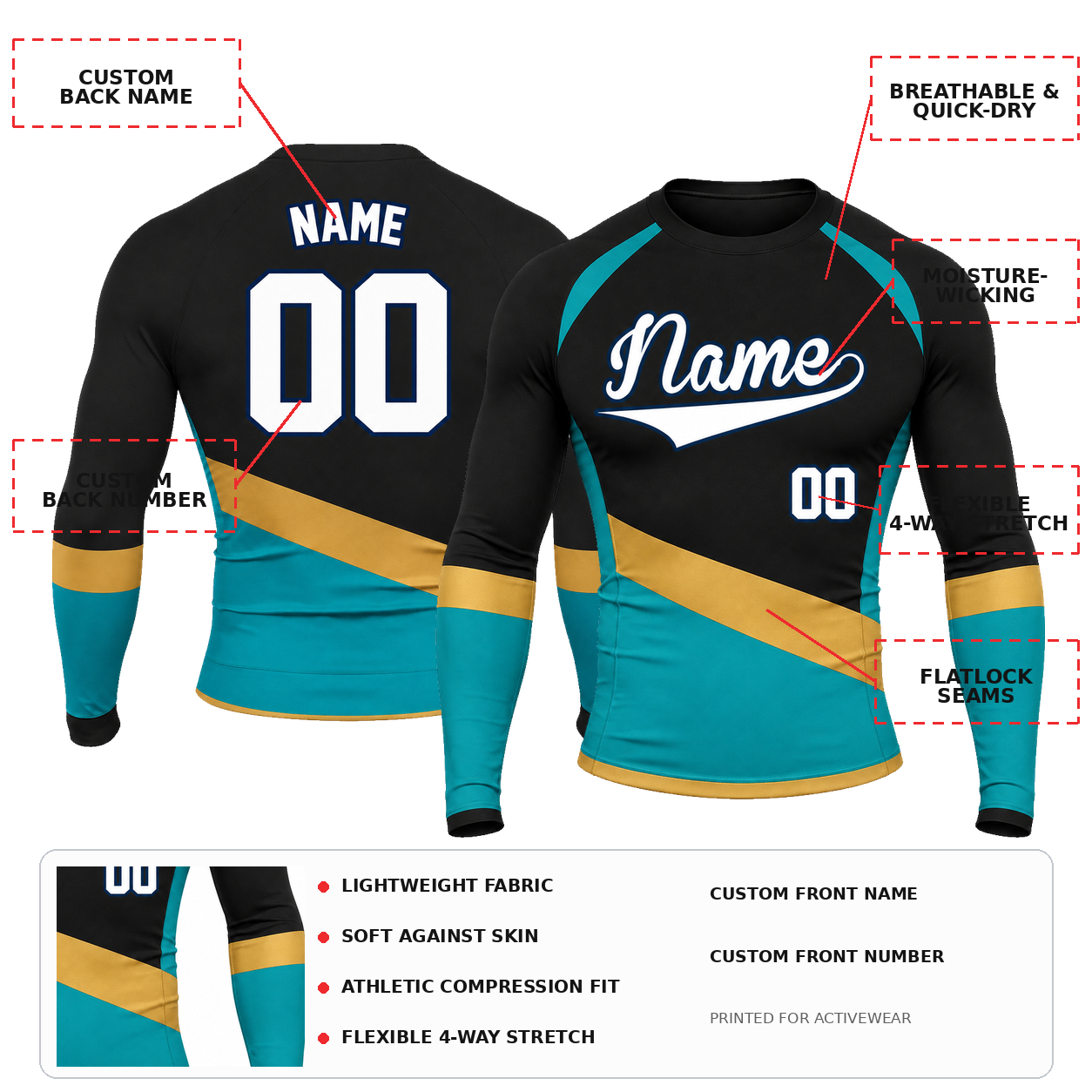 Diagonal Sash Black Primary Cyan Accent Customizable Long Sleeve Compression Shirt