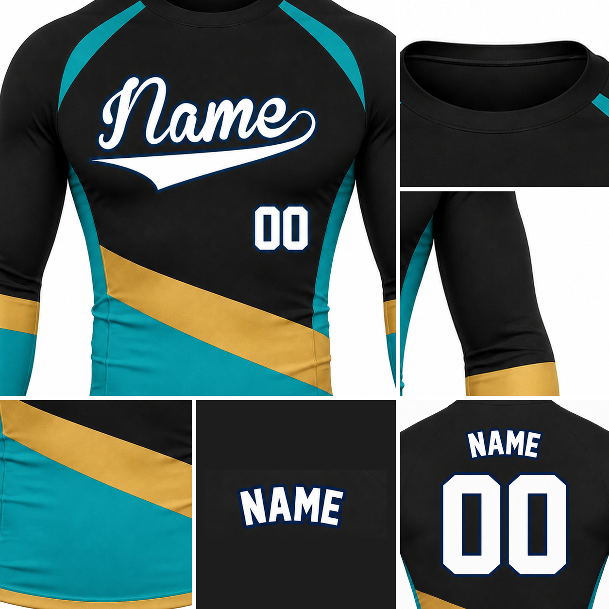 Diagonal Sash Black Primary Cyan Accent Customizable Long Sleeve Compression Shirt