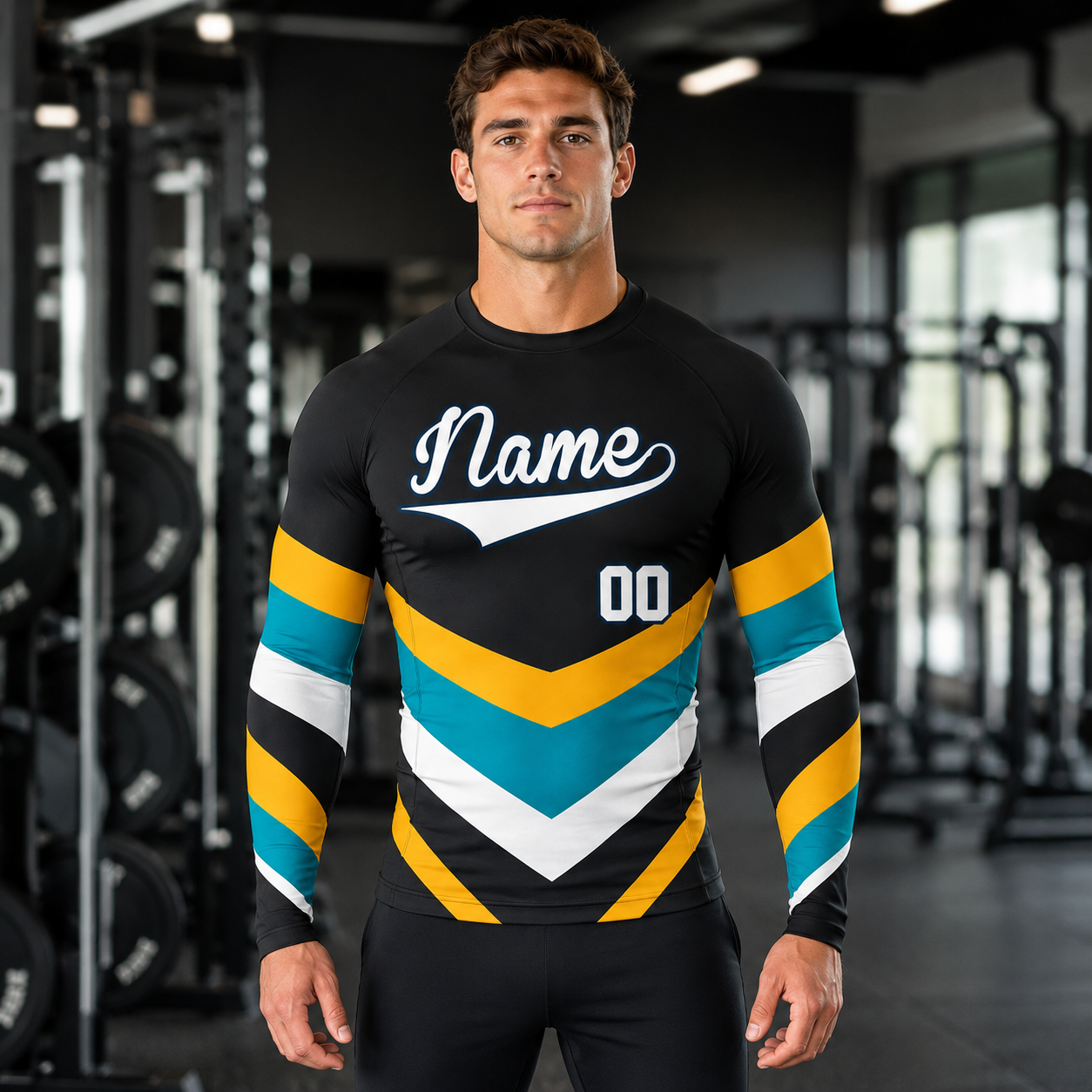 Triple Chevron Black Customizable Long Sleeve Compression Shirt