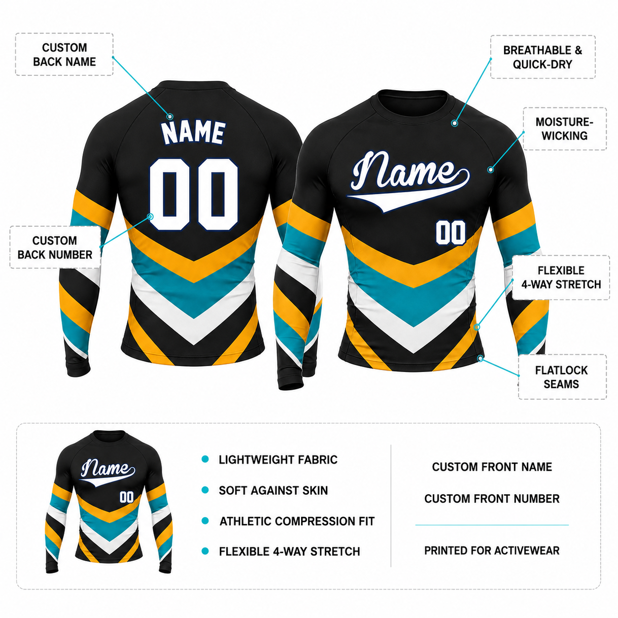 Triple Chevron Black Customizable Long Sleeve Compression Shirt