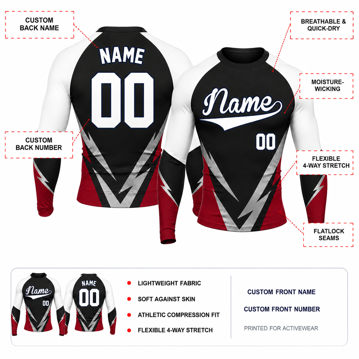Lightning Chevron Black Customizable Long Sleeve Compression Shirt