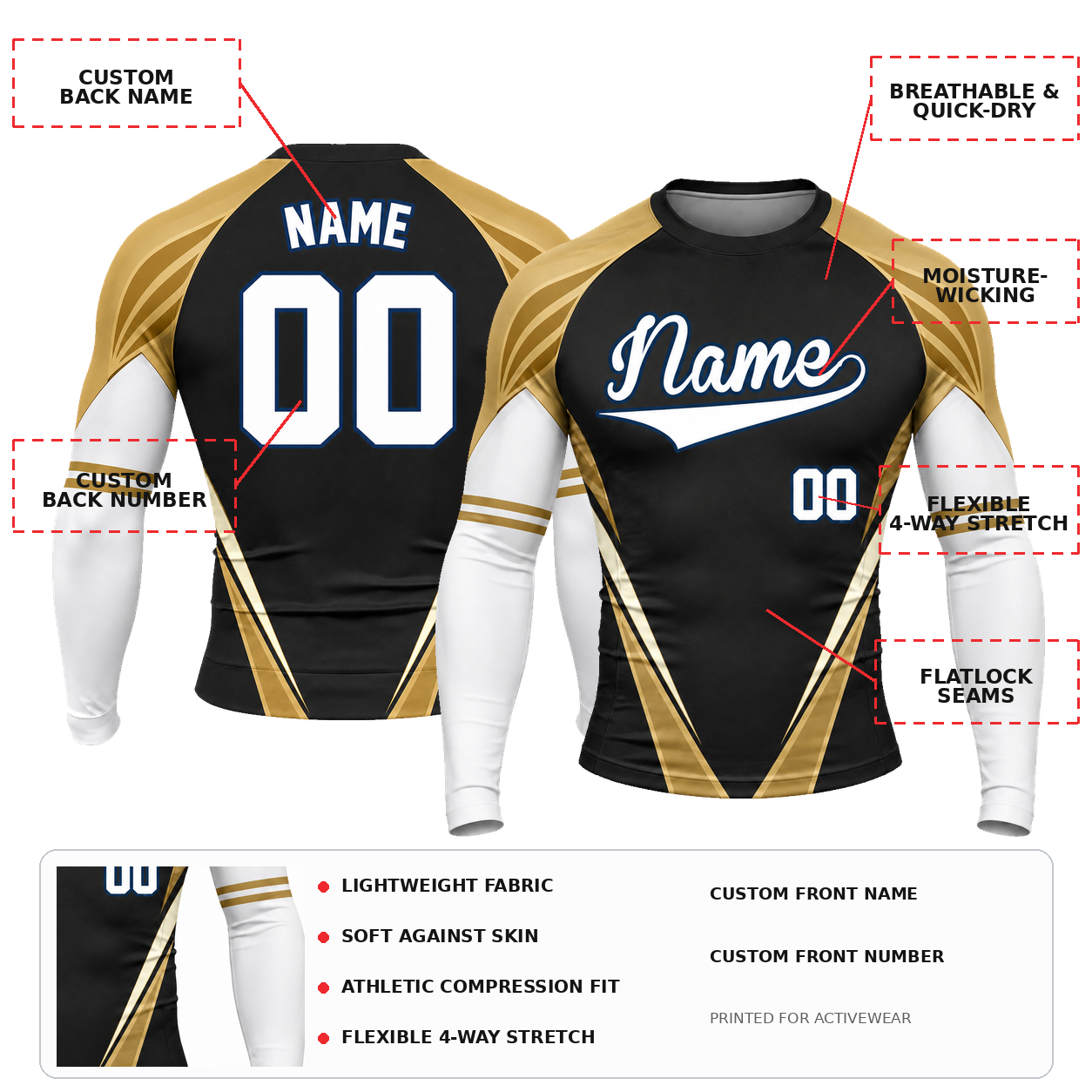 Wing Chevron Black Customizable Long Sleeve Compression Shirt