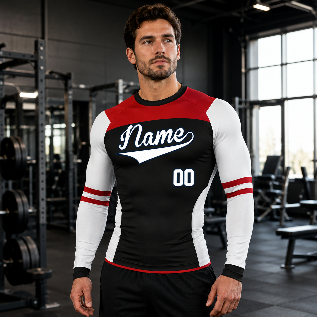 Shoulder Double Stripe Black Customizable Long Sleeve Compression Shirt