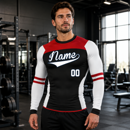 Shoulder Double Stripe Black Customizable Long Sleeve Compression Shirt
