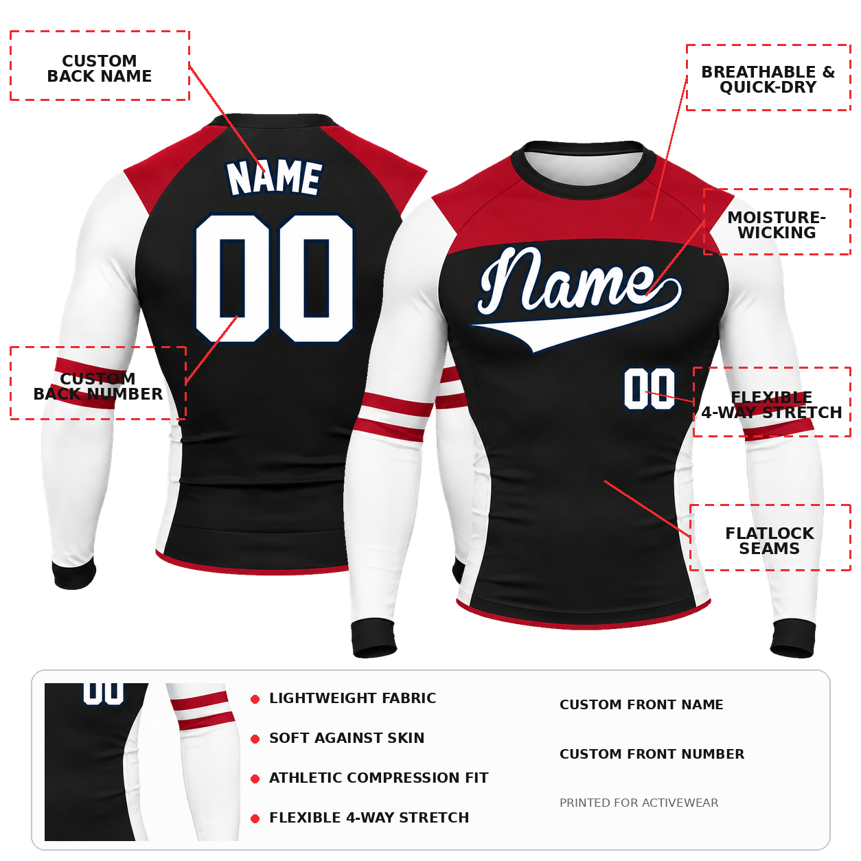 Shoulder Double Stripe Black Customizable Long Sleeve Compression Shirt