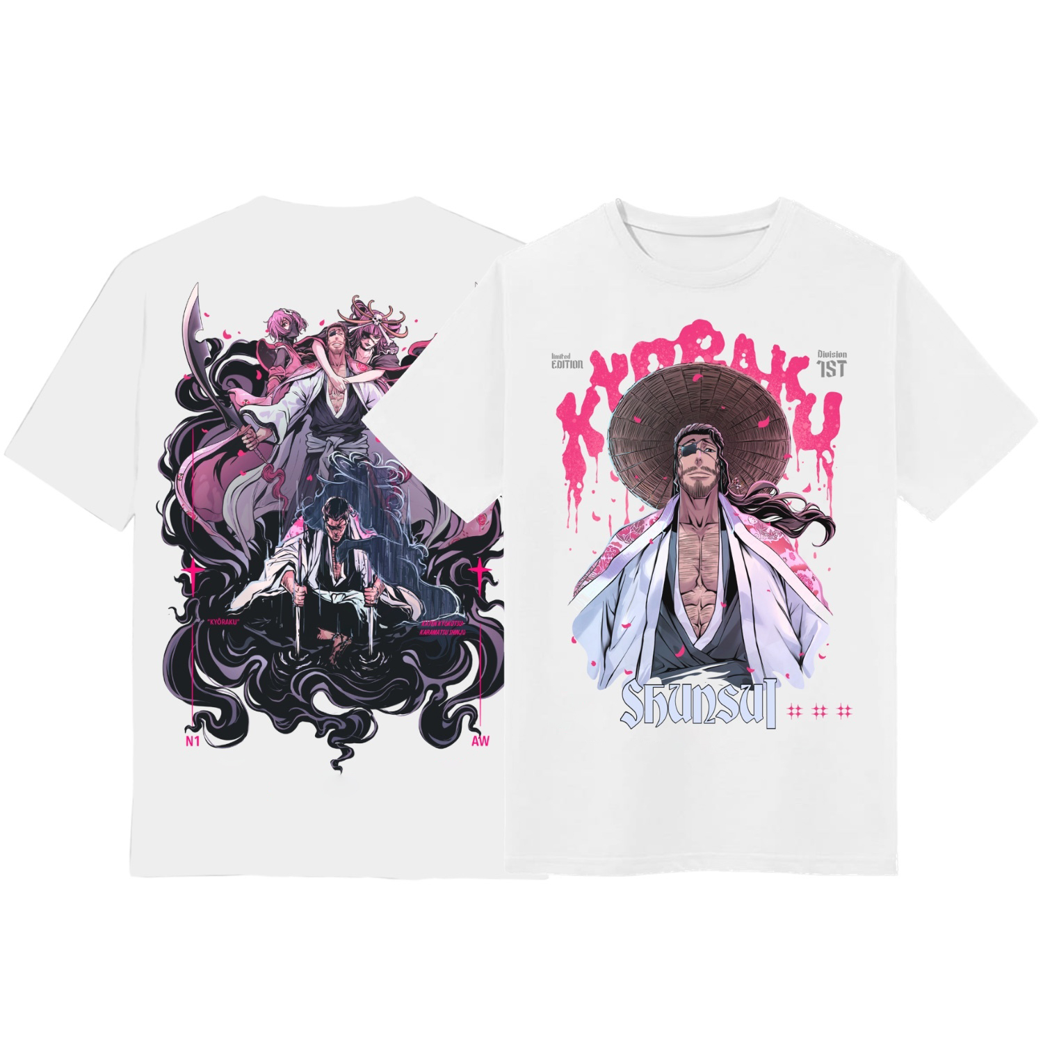 Bleach Shunsui Kyoraku Floral Kimono Art Casual T-Shirt Soft Crewneck Tee