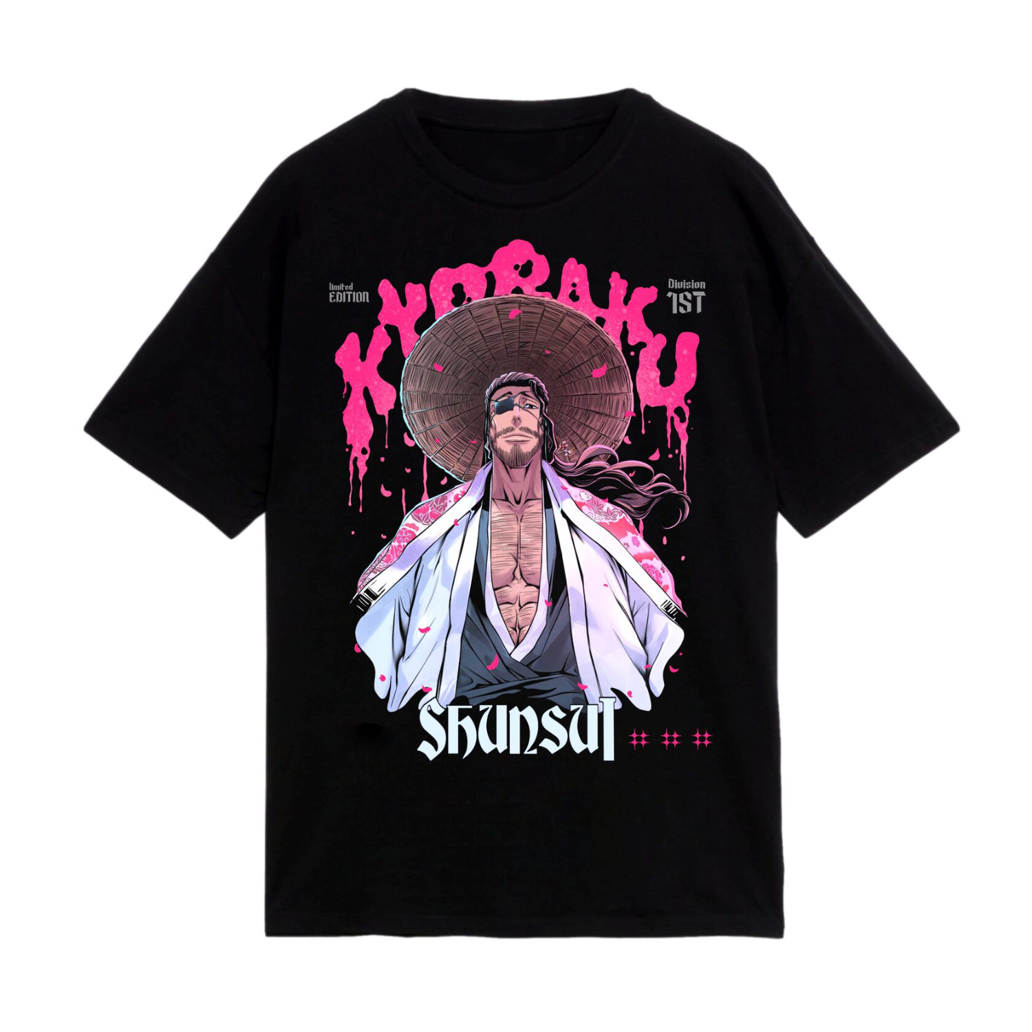 Bleach Shunsui Kyoraku Floral Kimono Sword Design Anime Graphic Short Sleeve T-Shirt