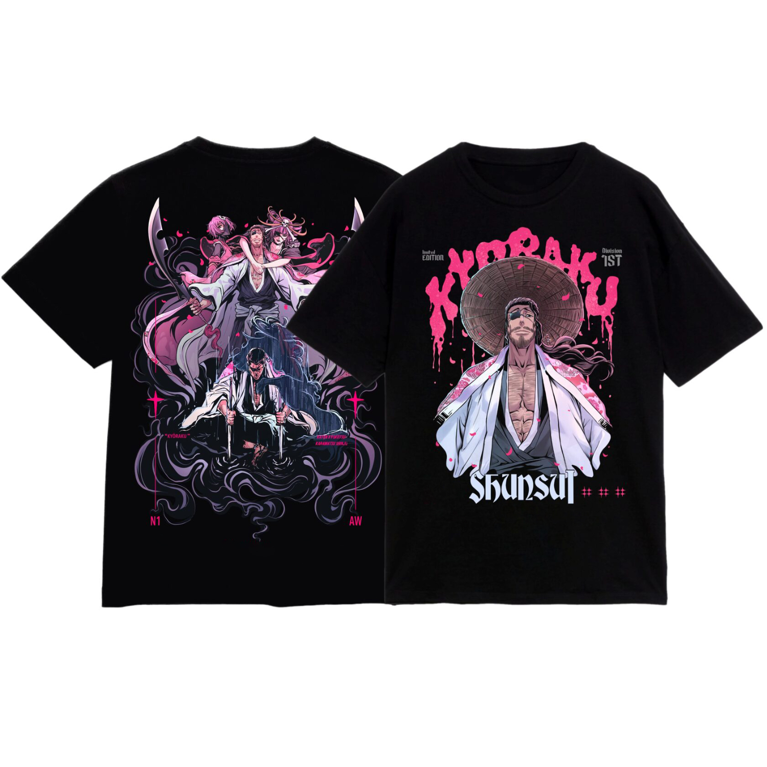 Bleach Shunsui Kyoraku Floral Kimono Sword Design Anime Graphic Short Sleeve T-Shirt