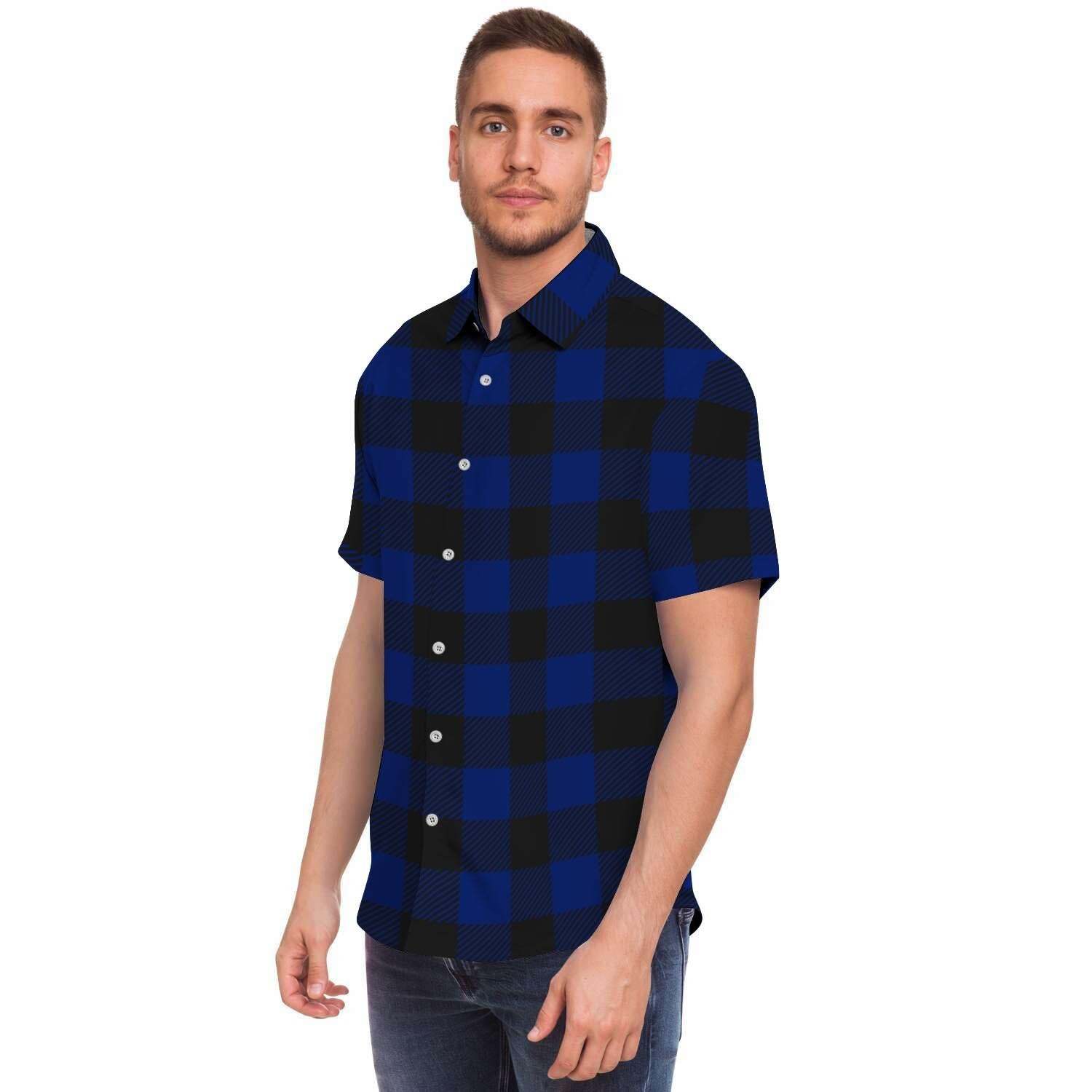 Blue Buffalo Plaid Men Print Short Sleeve Button-Up Shirts