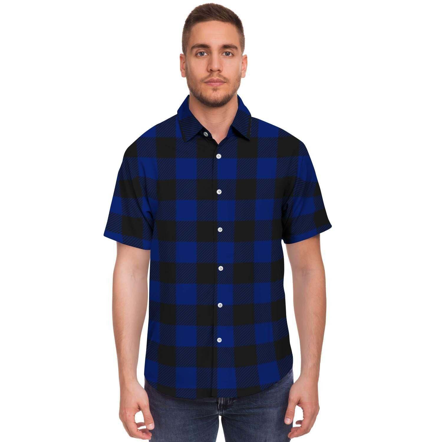 Blue Buffalo Plaid Men Print Short Sleeve Button-Up Shirts