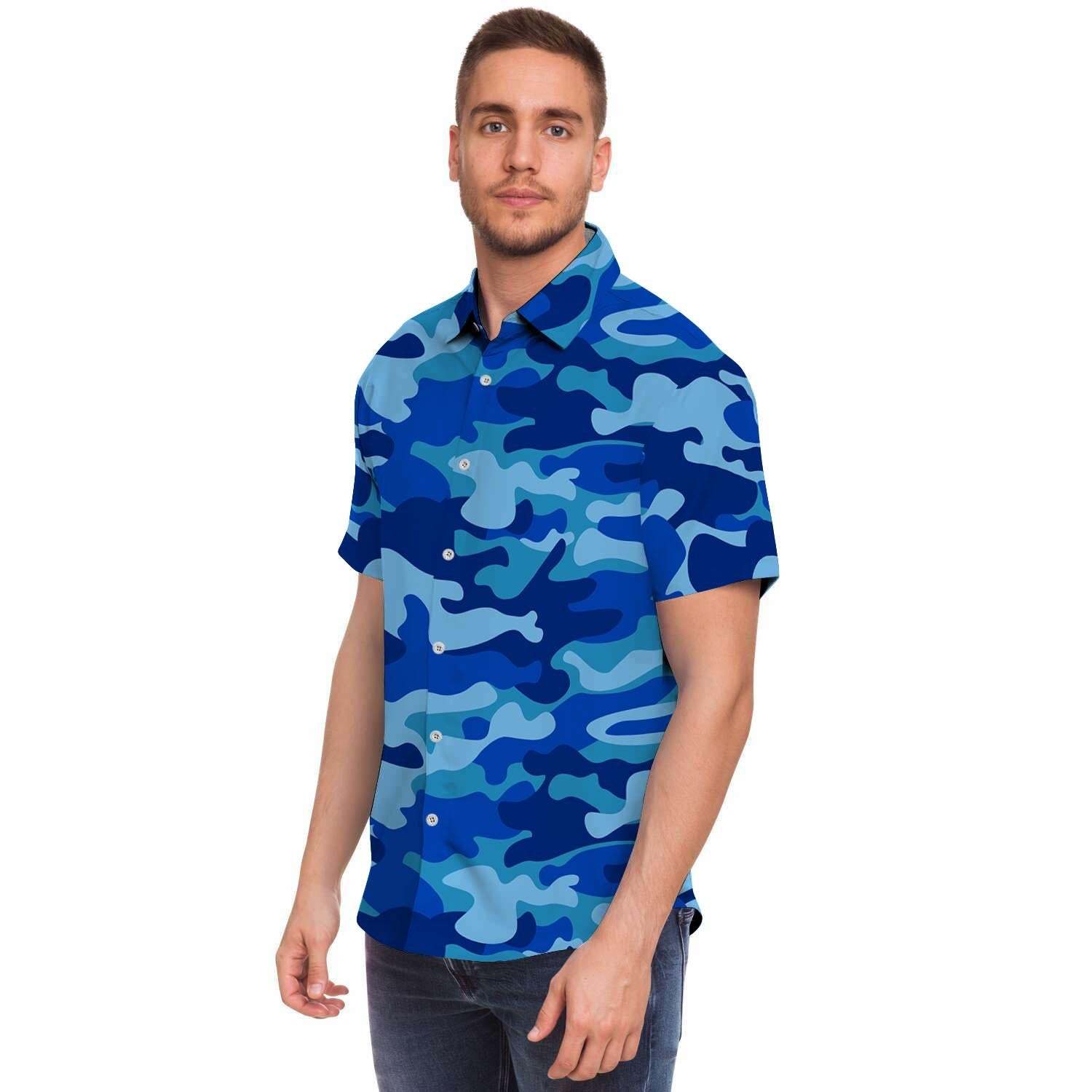 Blue Camo Print Men Print Short Sleeve Button-Up Shirts