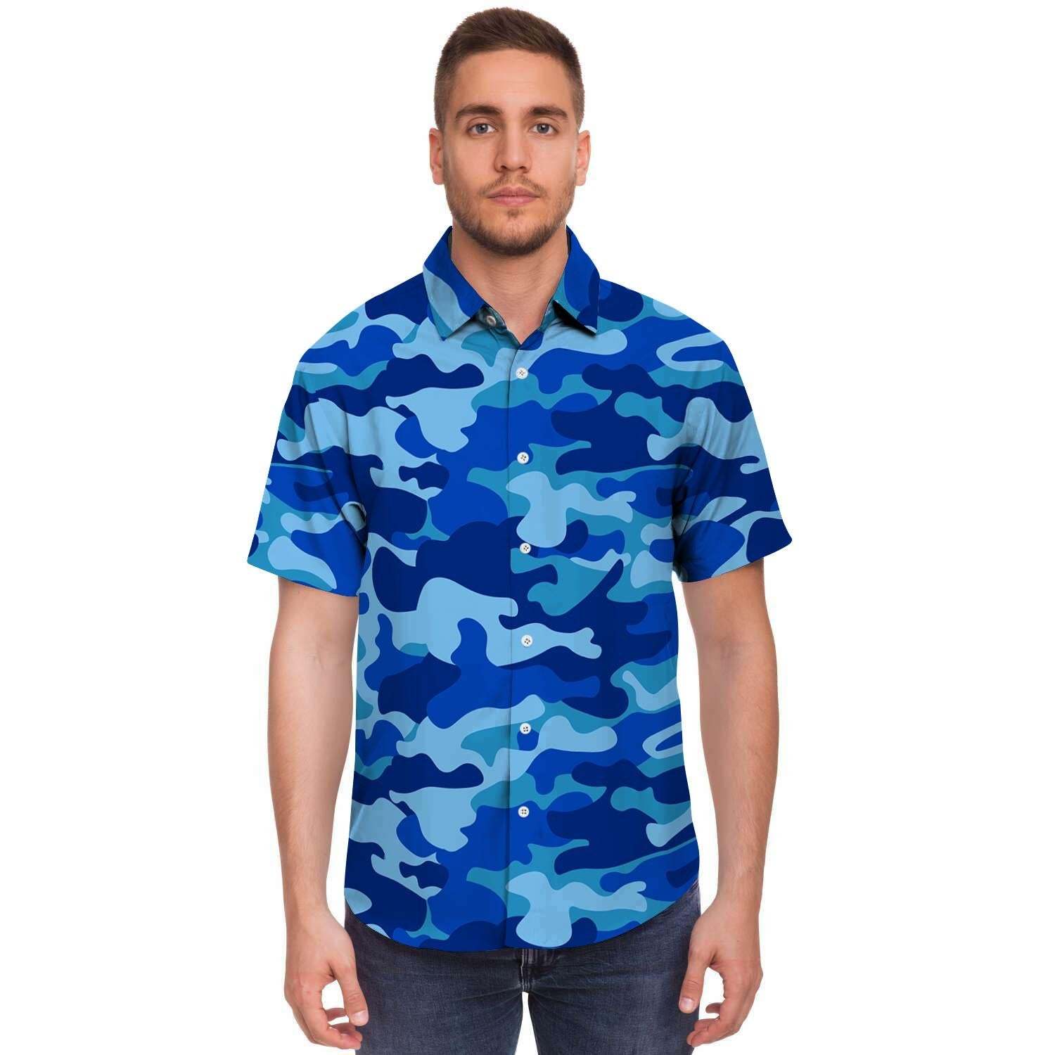 Blue Camo Print Men Print Short Sleeve Button-Up Shirts