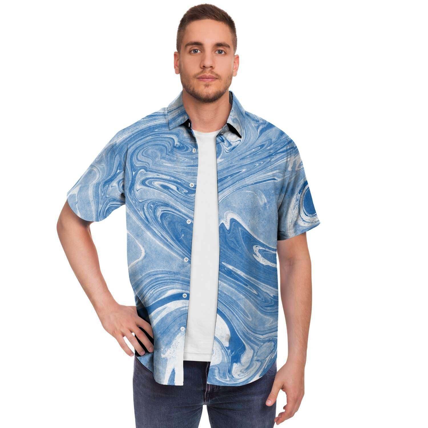 Blue Liquid Marble Men Print Short Sleeve Button-Up Shirts