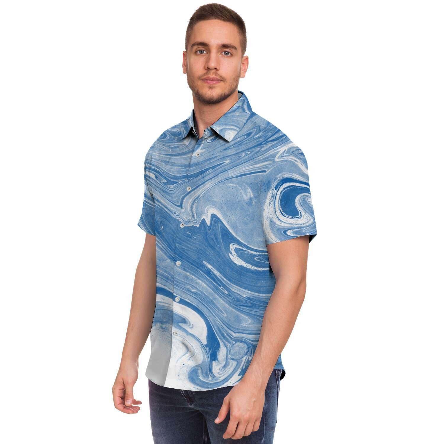 Blue Liquid Marble Men Print Short Sleeve Button-Up Shirts