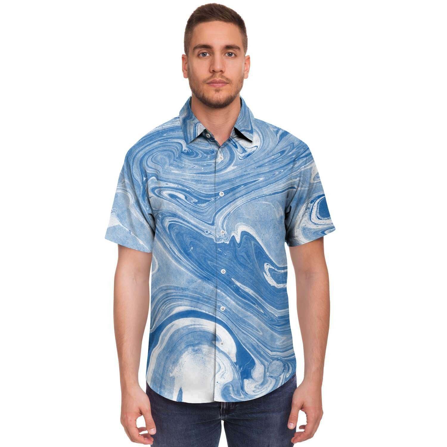 Blue Liquid Marble Men Print Short Sleeve Button-Up Shirts