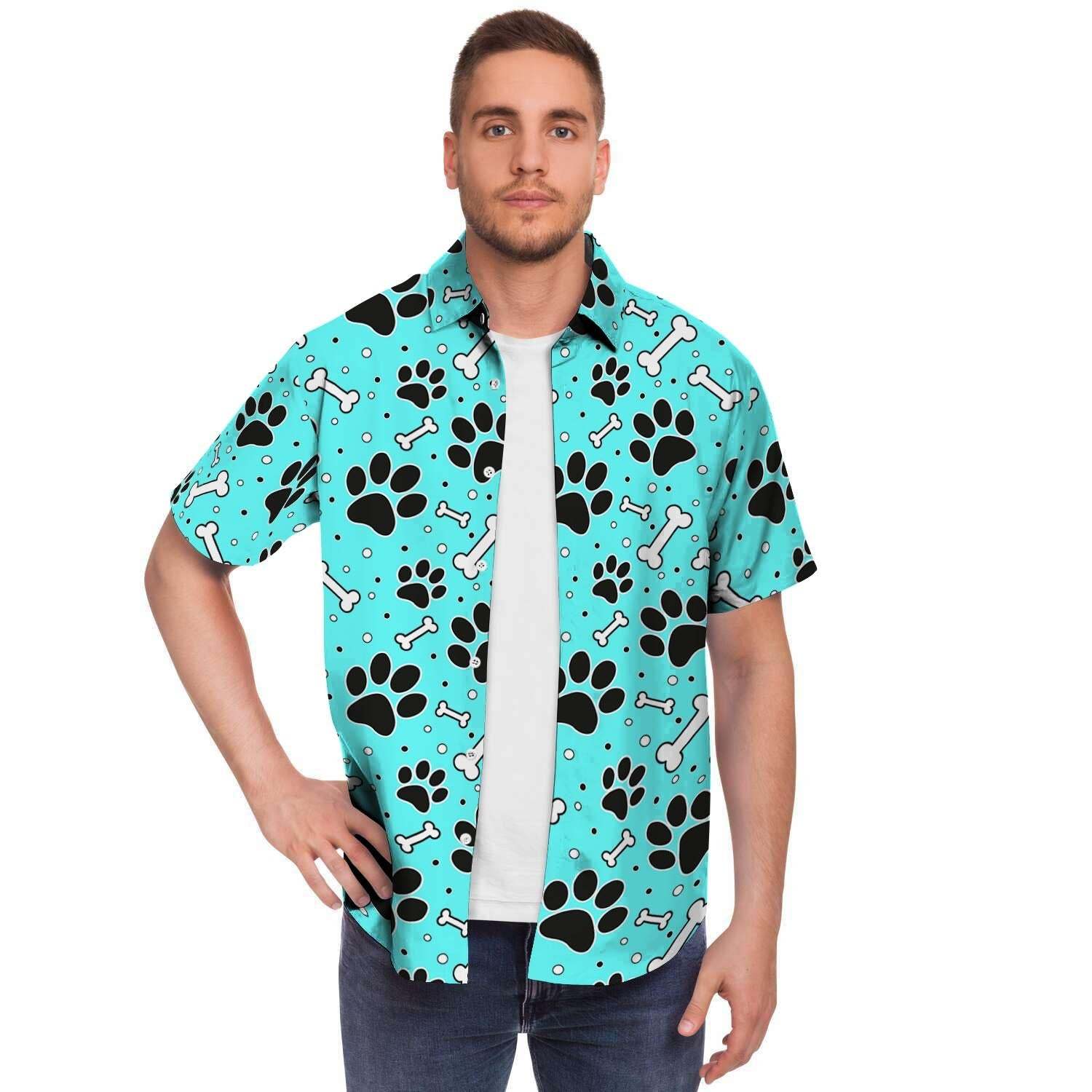 Blue Paw Men Print Short Sleeve Button-Up Shirts