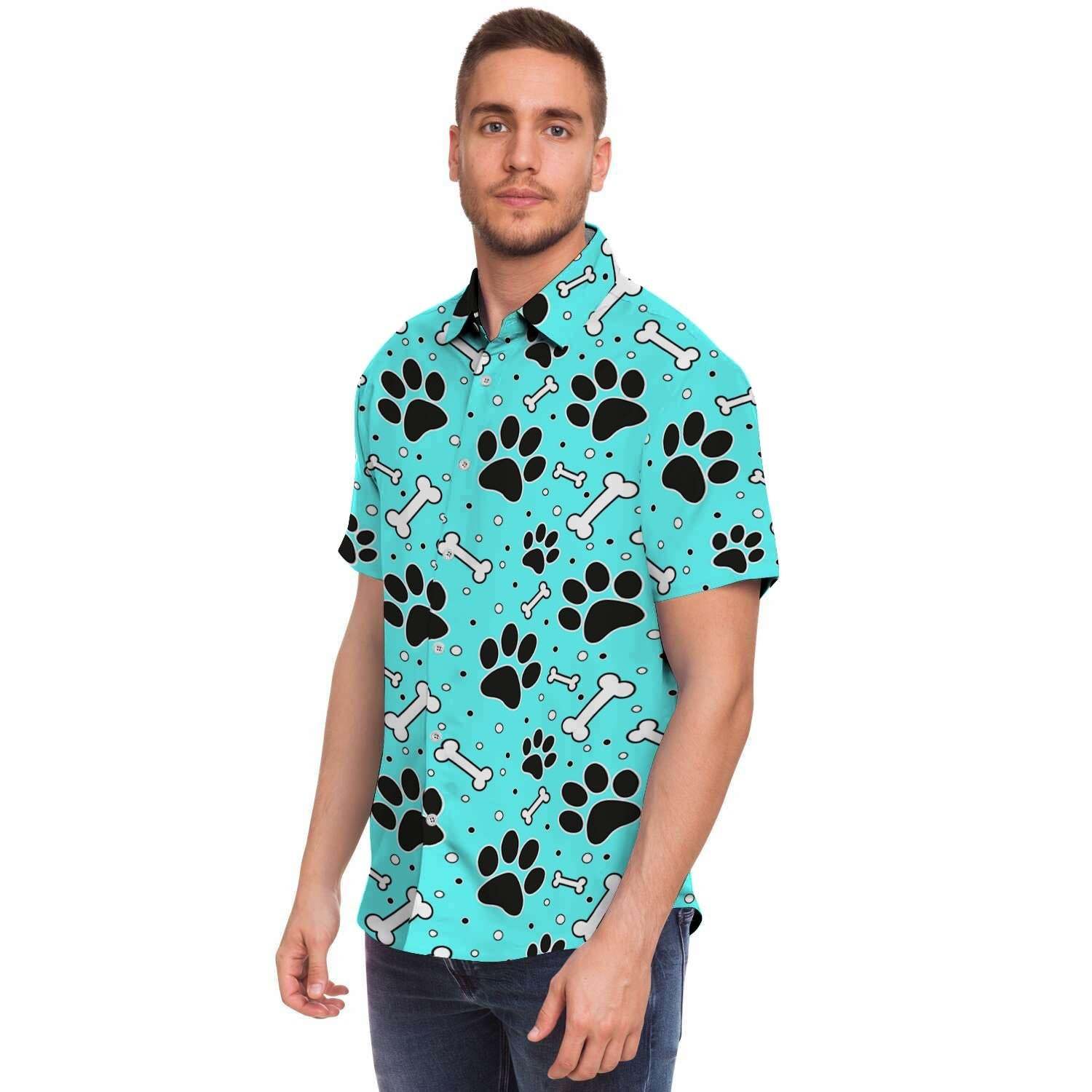 Blue Paw Men Print Short Sleeve Button-Up Shirts