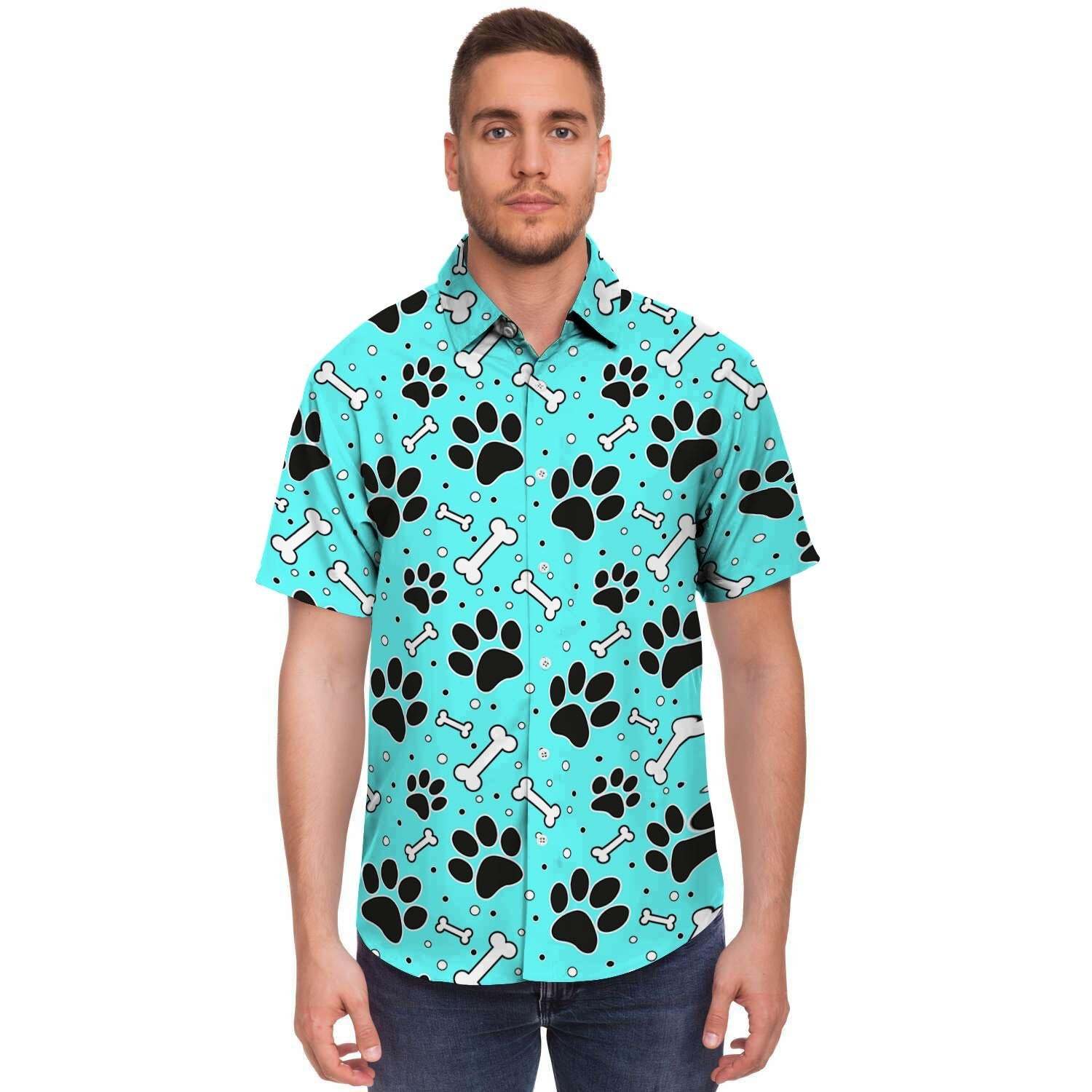 Blue Paw Men Print Short Sleeve Button-Up Shirts