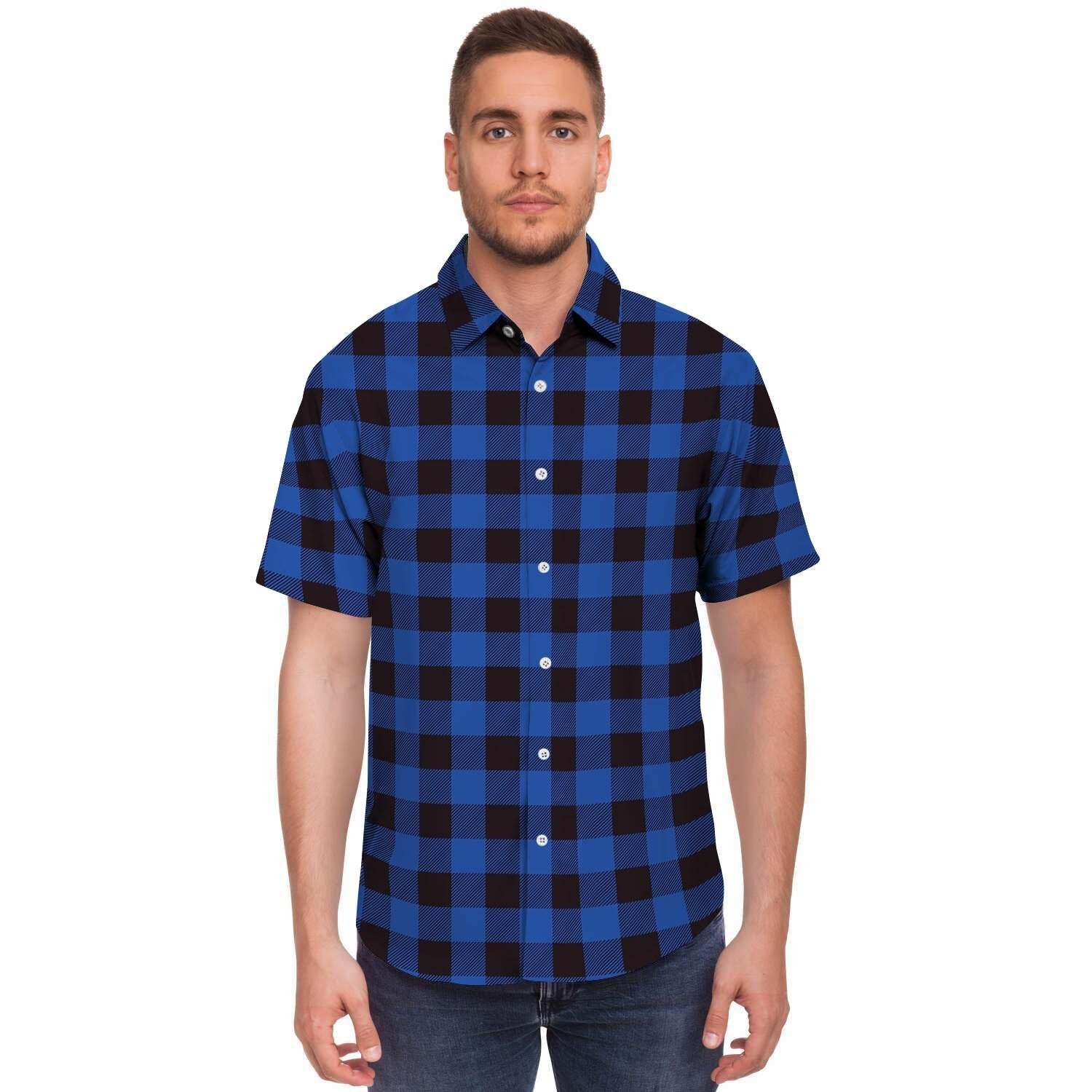 Blue Plaid Men Print Short Sleeve Button-Up Shirts