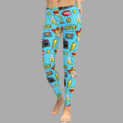 Blue Pop Art Pattern lady Compression Legging